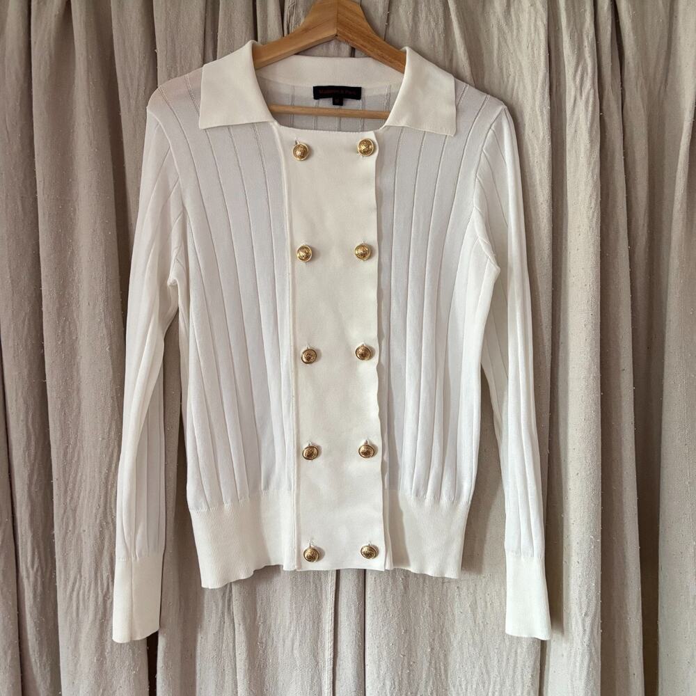 Madison & Park White Ribbed Double Breasted Gold Button Cardigan M - small flaw!